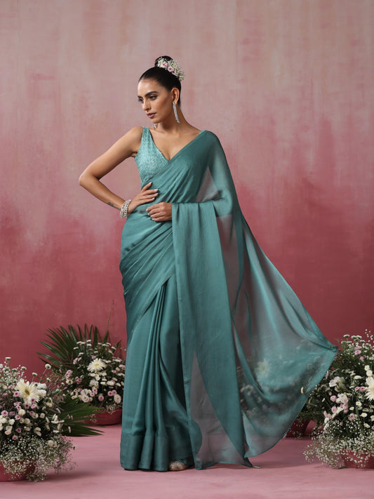 Dhiyona ST Mud Green Chiffon Saree with Pendants and Embroidered Blouse Fabric