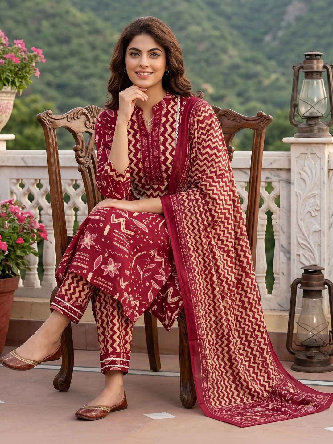 Women Ethnic Motifs Printed Regular Pure Cotton Kurta with Trousers & With Dupatta