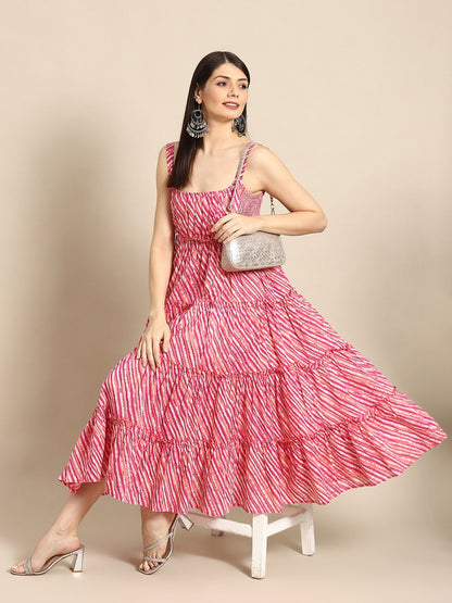 Dhiyona AY Women's Pink & White Leheriya Printed Ruffle Pure Cotton Tiered A-Line Midi Dress