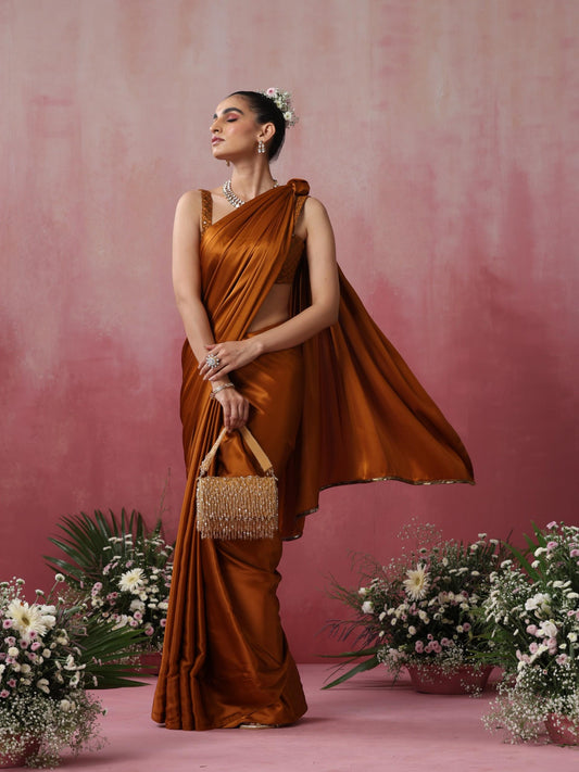 Dhiyona ST Mustard Magma Satin Saree with Lace and Embroidered Blouse Fabric