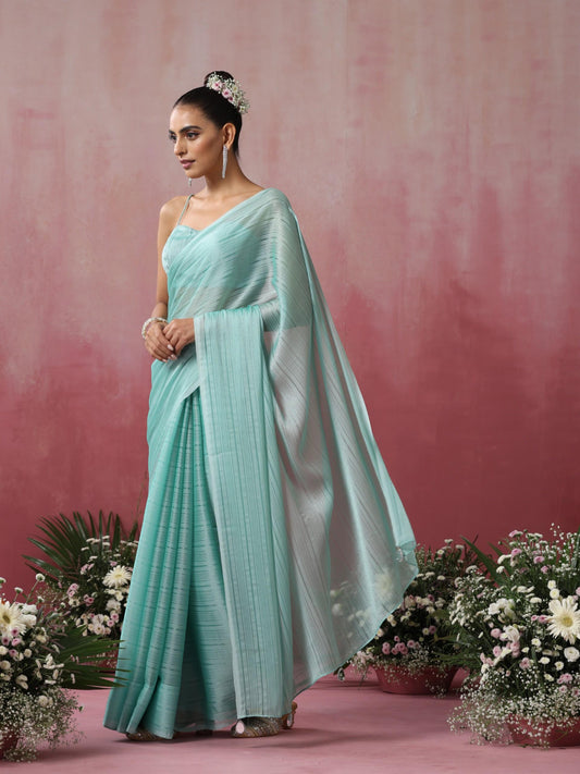 Dhiyona ST Baby Blue Striped Chiffon Saree with Pendants and Blouse Fabric