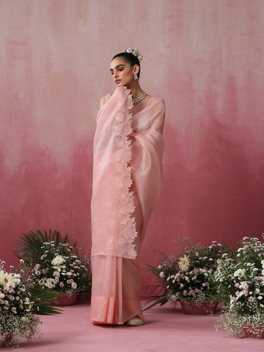Dhiyona ST Petal Pink Gold Crushed Organza Saree with Cut Work Pallu Embroidery