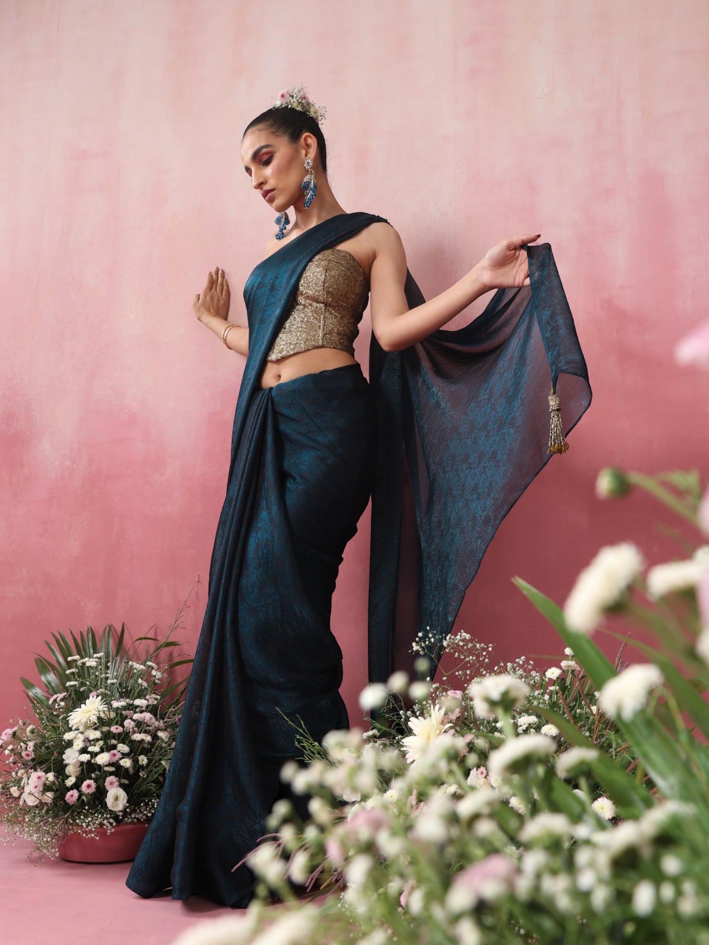 Dhiyona ST Blazing Blue Paisley Chiffon Saree with Long Pendants