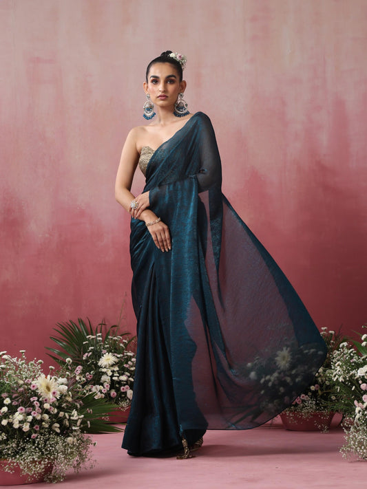 Dhiyona ST Blazing Blue Paisley Chiffon Saree with Long Pendants