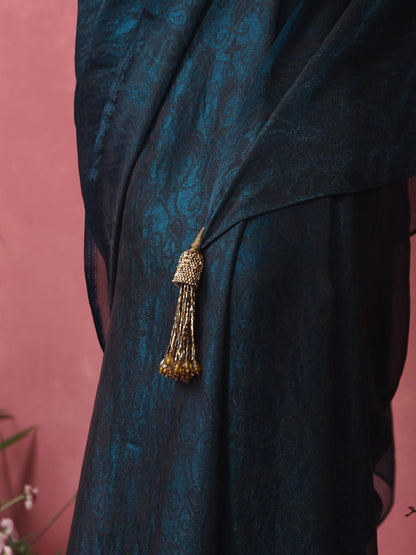 Dhiyona ST Blazing Blue Paisley Chiffon Saree with Long Pendants