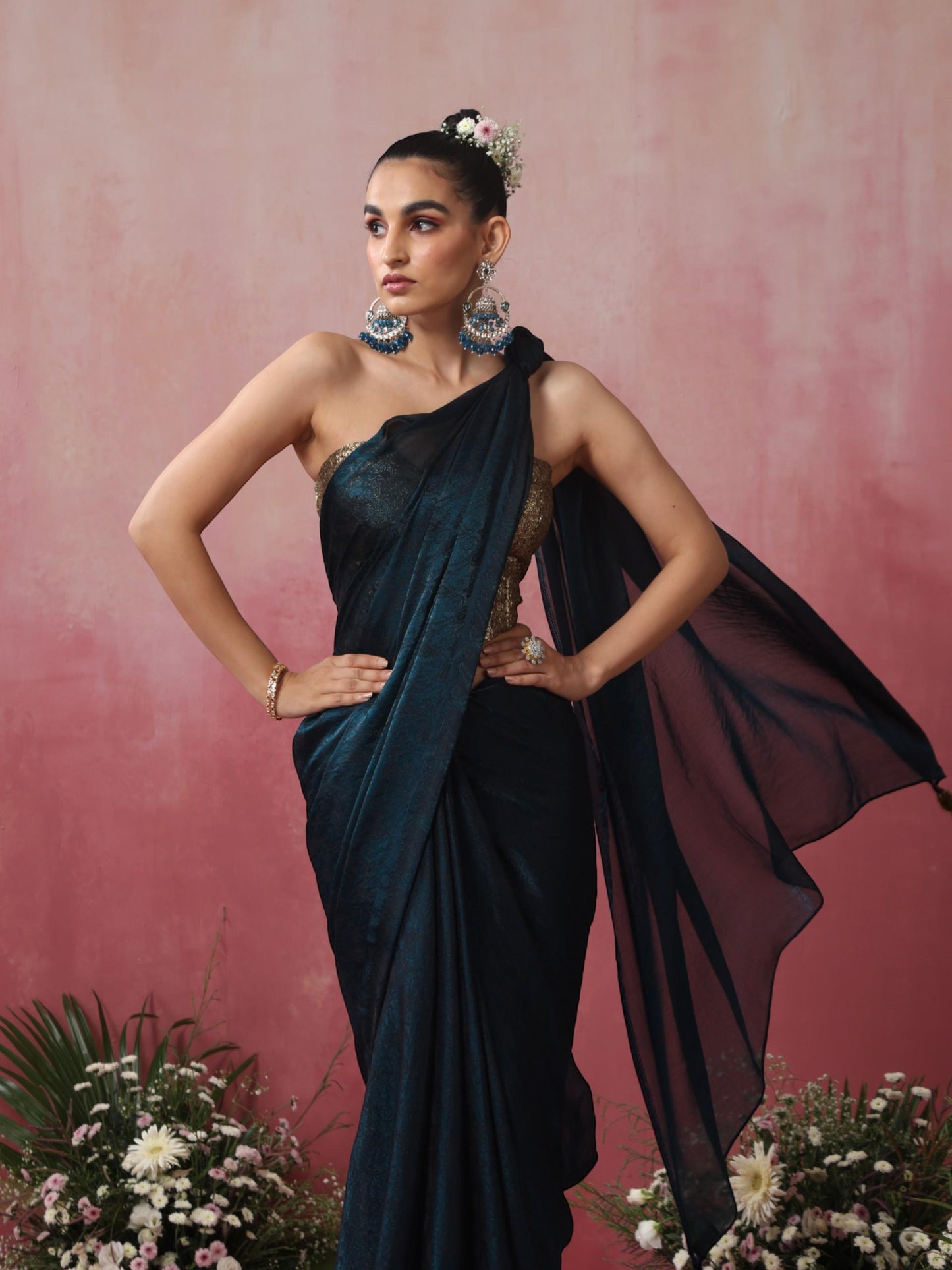 Dhiyona ST Blazing Blue Paisley Chiffon Saree with Long Pendants