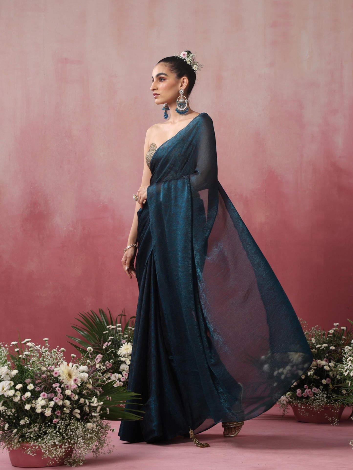 Dhiyona ST Blazing Blue Paisley Chiffon Saree with Long Pendants