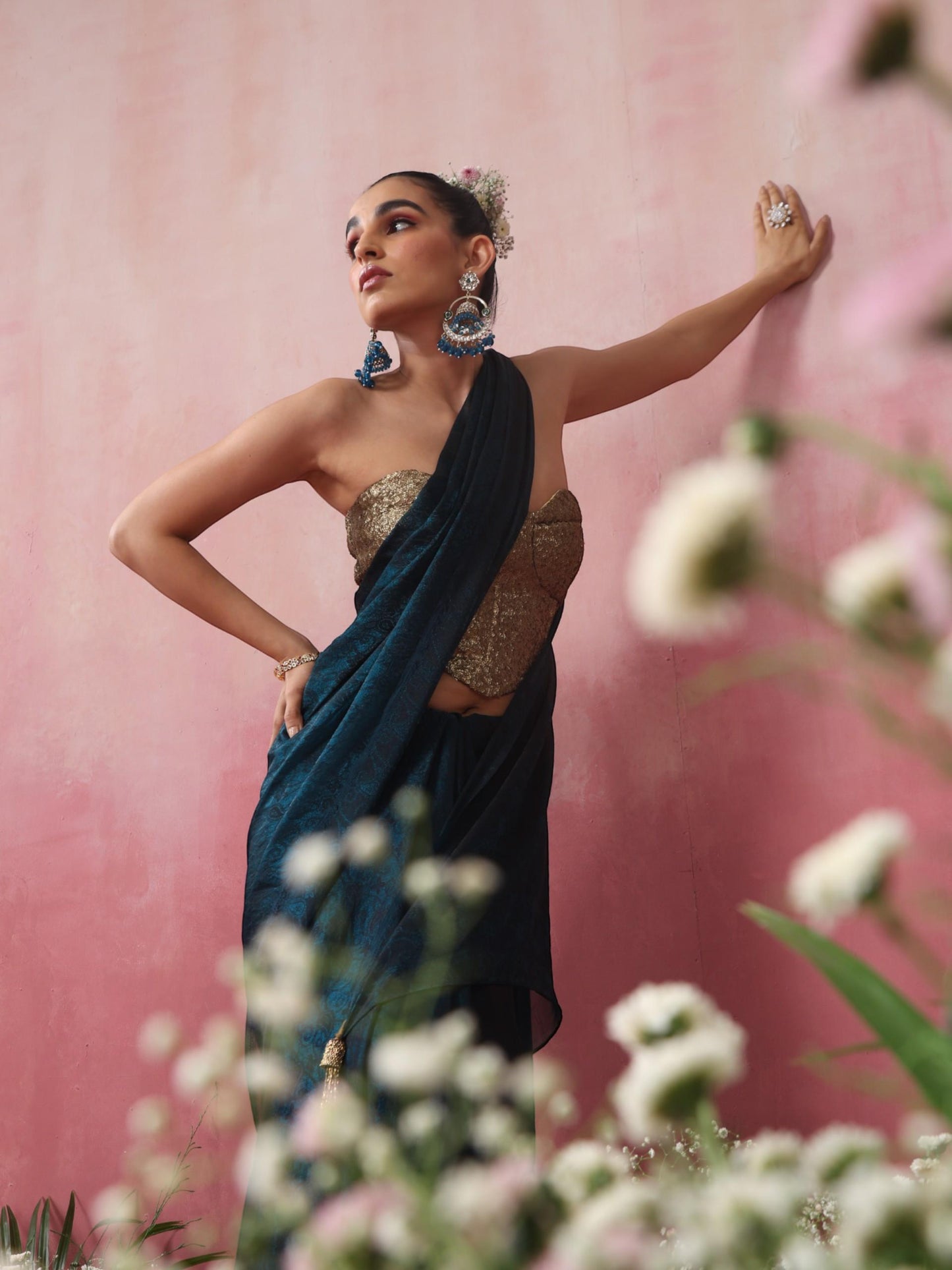 Dhiyona ST Blazing Blue Paisley Chiffon Saree with Long Pendants