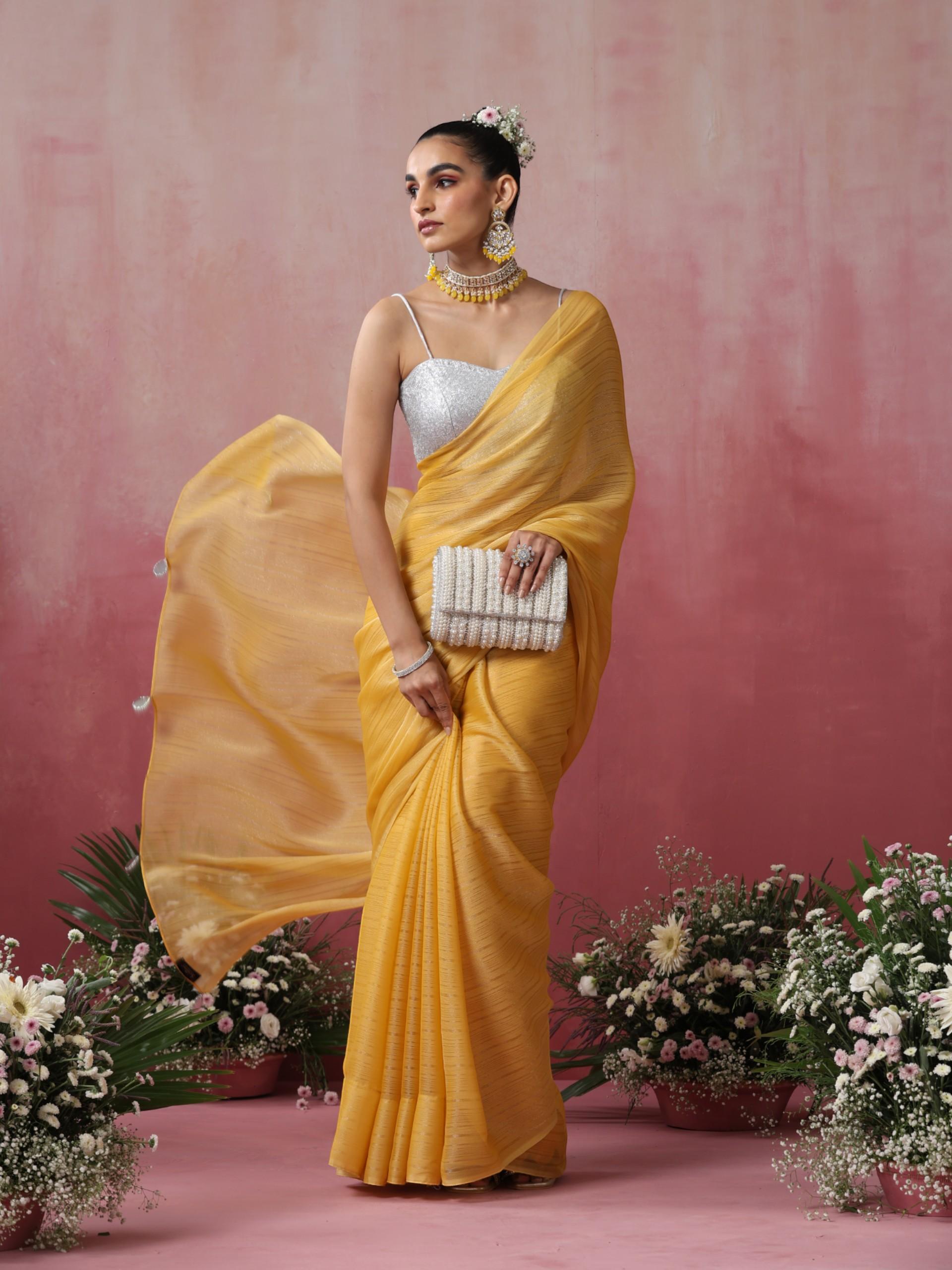 Dhiyona ST Bee Yellow Stripe Chiffon Saree with Pendants