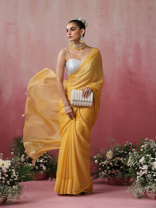Dhiyona ST Bee Yellow Stripe Chiffon Saree with Pendants