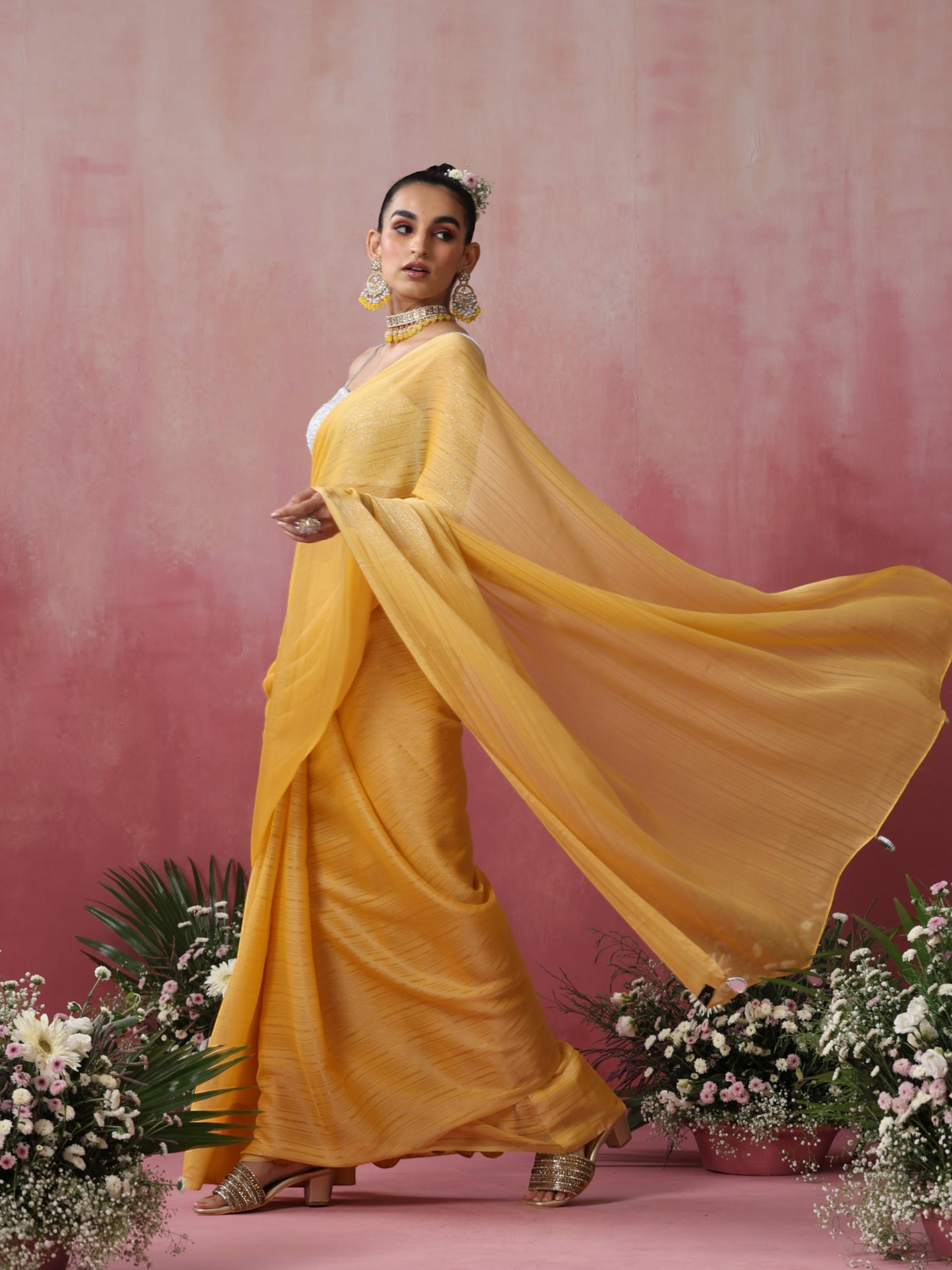 Dhiyona ST Bee Yellow Stripe Chiffon Saree with Pendants