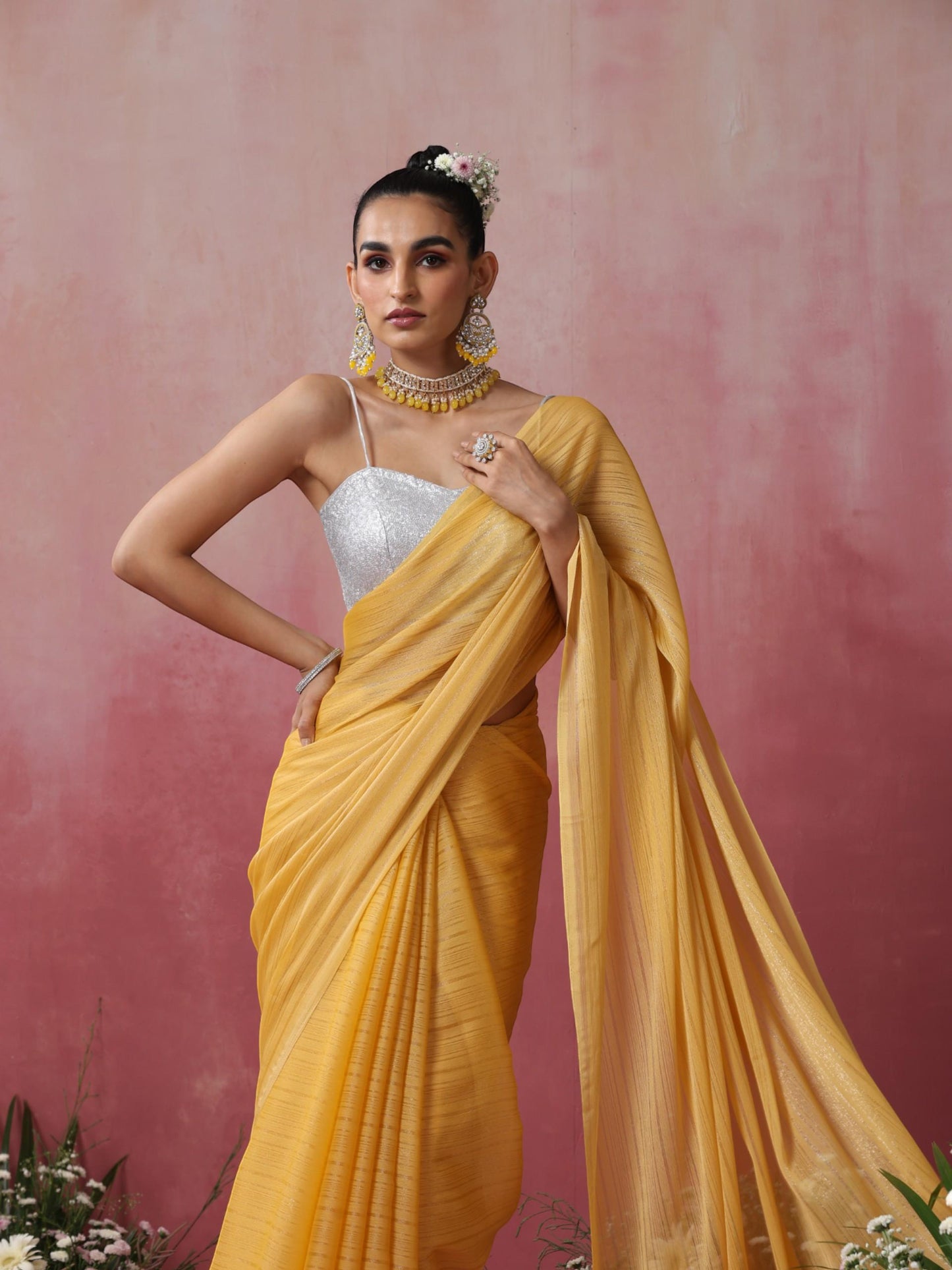 Dhiyona ST Bee Yellow Stripe Chiffon Saree with Pendants