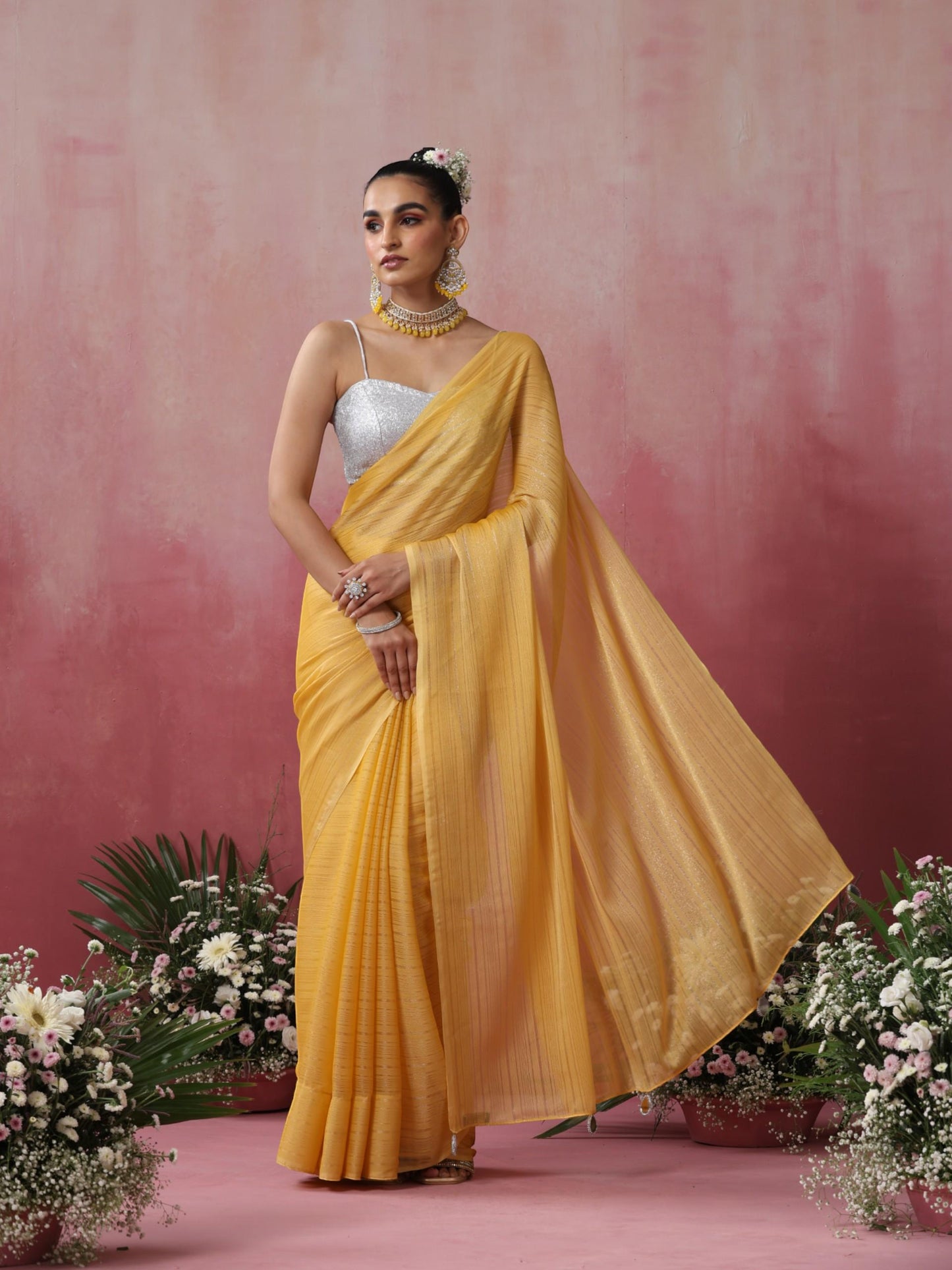 Dhiyona ST Bee Yellow Stripe Chiffon Saree with Pendants