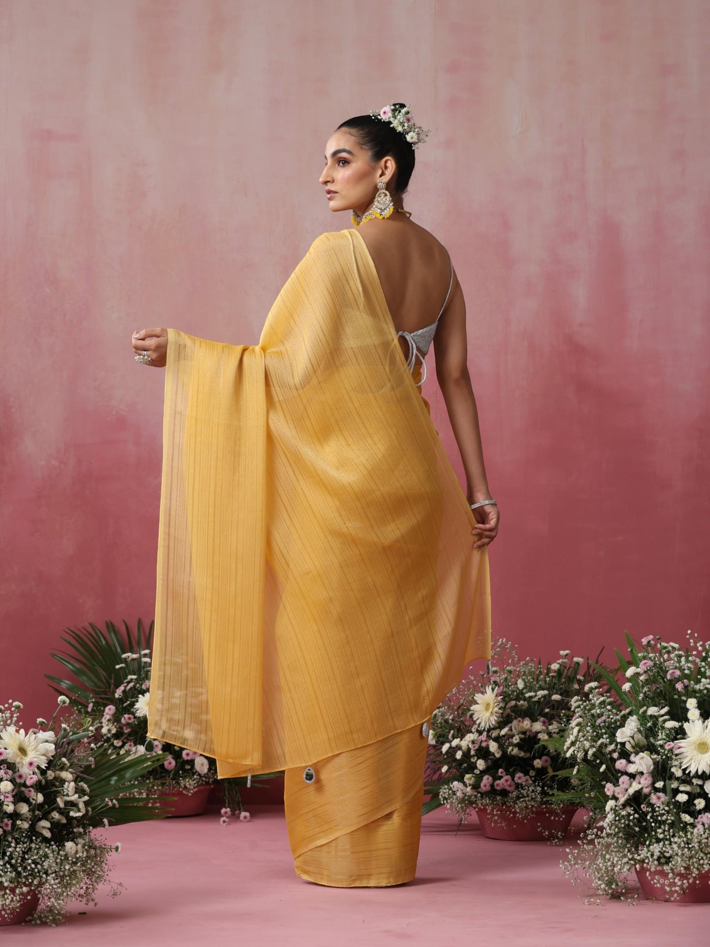 Dhiyona ST Bee Yellow Stripe Chiffon Saree with Pendants