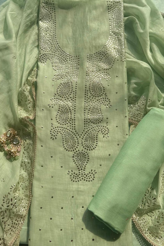 Dhiyona ST 3 Pc Unstitched Suit - Chanderi Pistachio Mukiesh Kurta with Lining ,Dupatta and Bottom