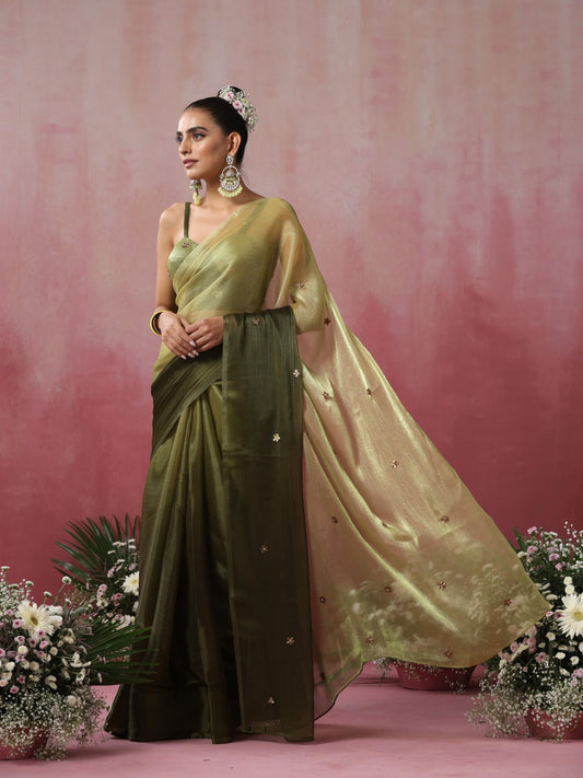 Dhiyona ST Olive Boost Ombre Organza Saree with Golden Flowers and Blouse Fabric