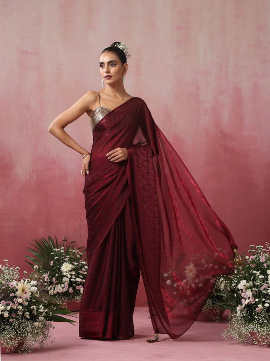 Dhiyona ST Wine Paisley Chiffon Saree with Long Pendants