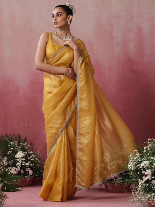 Dhiyona ST Citrine Crushed Gold Yellow with Diamond Lace Saree and Blouse Fabric