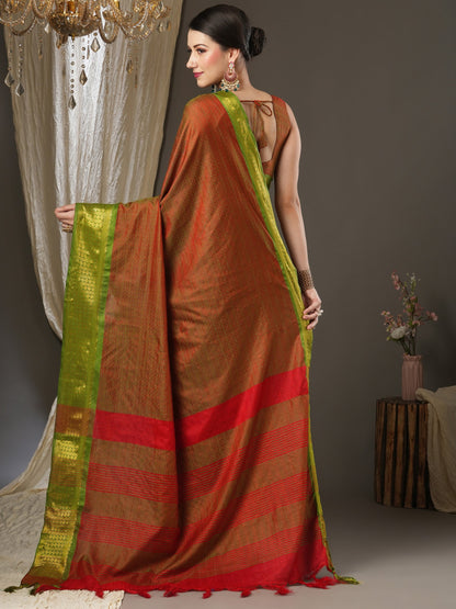 Women's Aura Silk Rust Woven Design Designer Saree With Blouse Piece