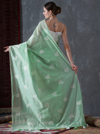 Women's Cotton Blend Green Embroidered Designer Saree With Blouse Piece