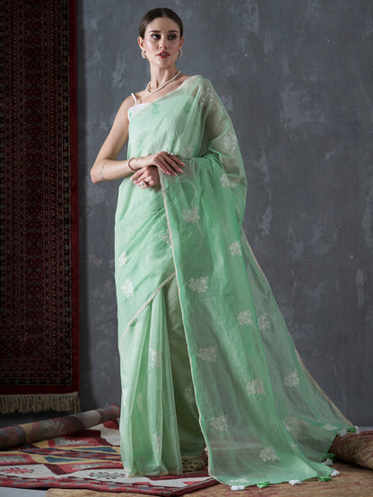 Women's Cotton Blend Green Embroidered Designer Saree With Blouse Piece