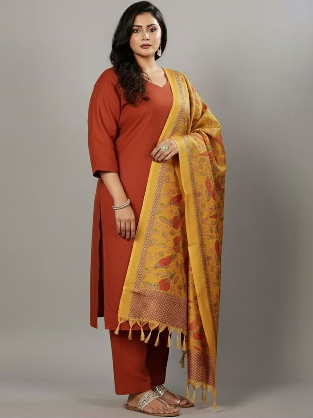 Rust Women Floral Regular Kurta with Trousers & With Dupatta