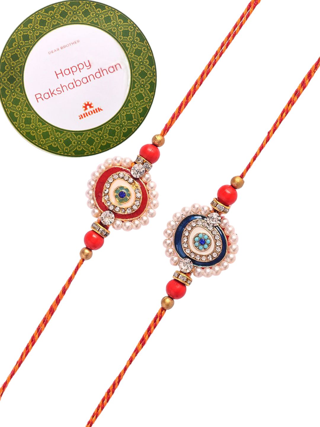 Dhiyona Set Of 2 White Pearl-Beaded Rakhi With Roli Rice & Greeting Card