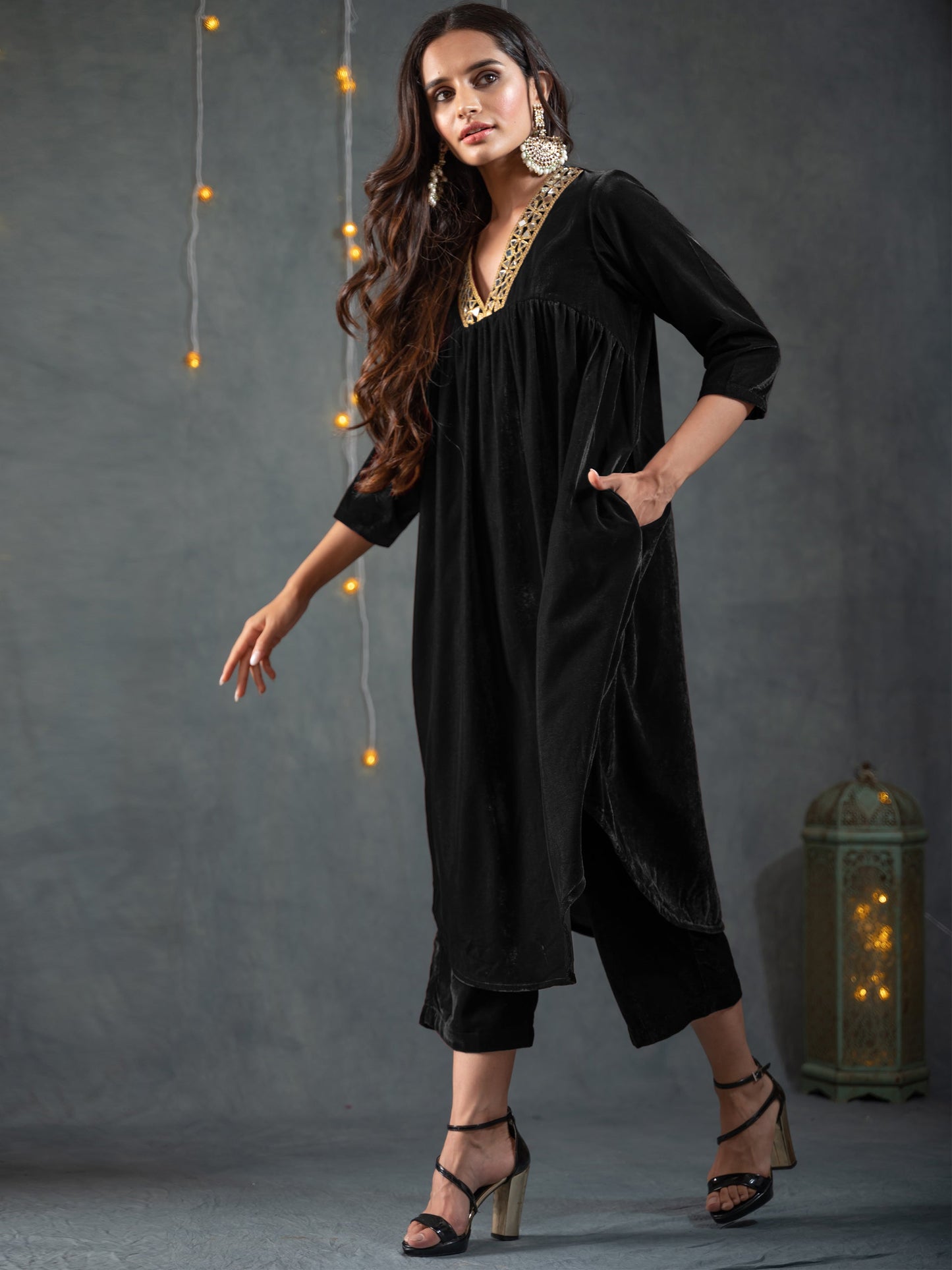 Dhiyona ST Women's Black Velvet Gathered Kurta with Pant 2 Piece Set | A-Line, V Neck, 3/4 Sleeves, Pants, Partywear, (Velvet)