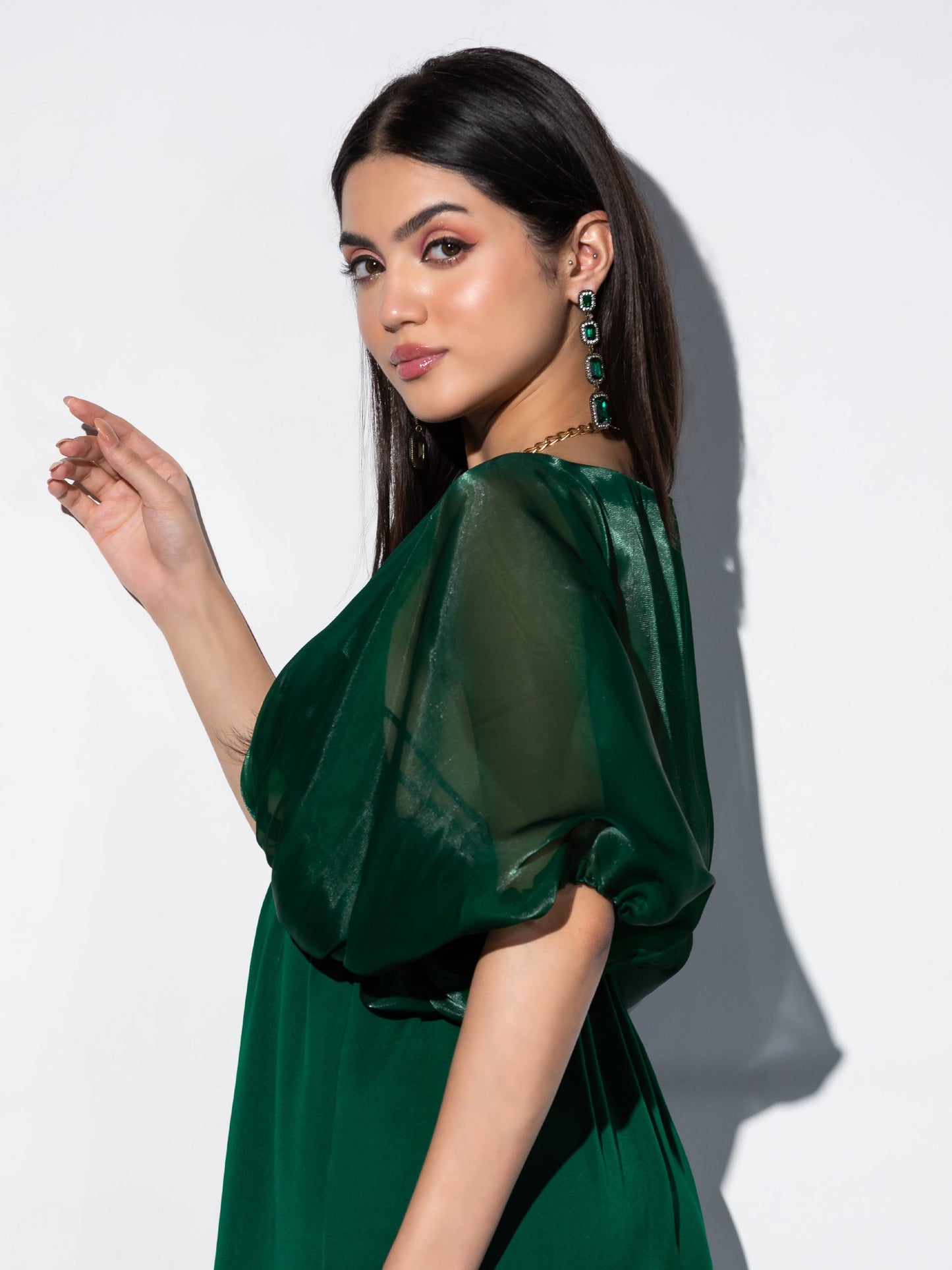 Dhiyona ST Women's Metal Strap Korean Emerald Dress Set with Satin Organza Cape 2 Piece Set | A-Line, V Neck, Sleeveless, Partywear, (Satin Organza)