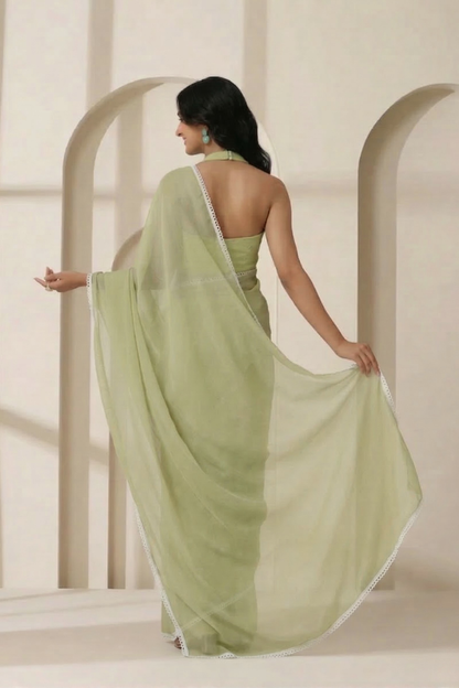 Dhiyona ST Sage Chiffon Saree with White Lace and Self Blouse Fabric
