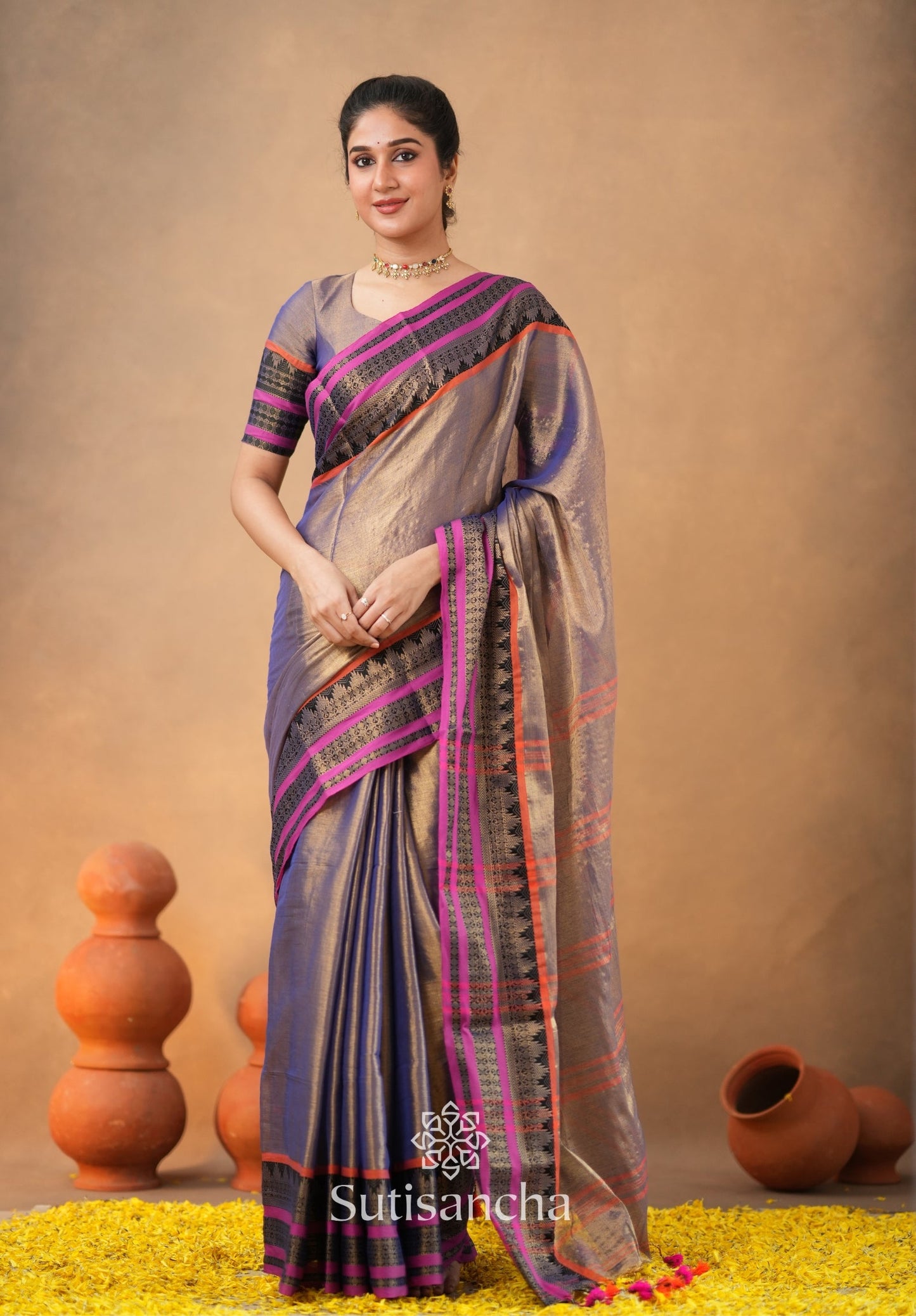 Dhiyona SS South Charm Tissue Cotton Saree with Traditional Border