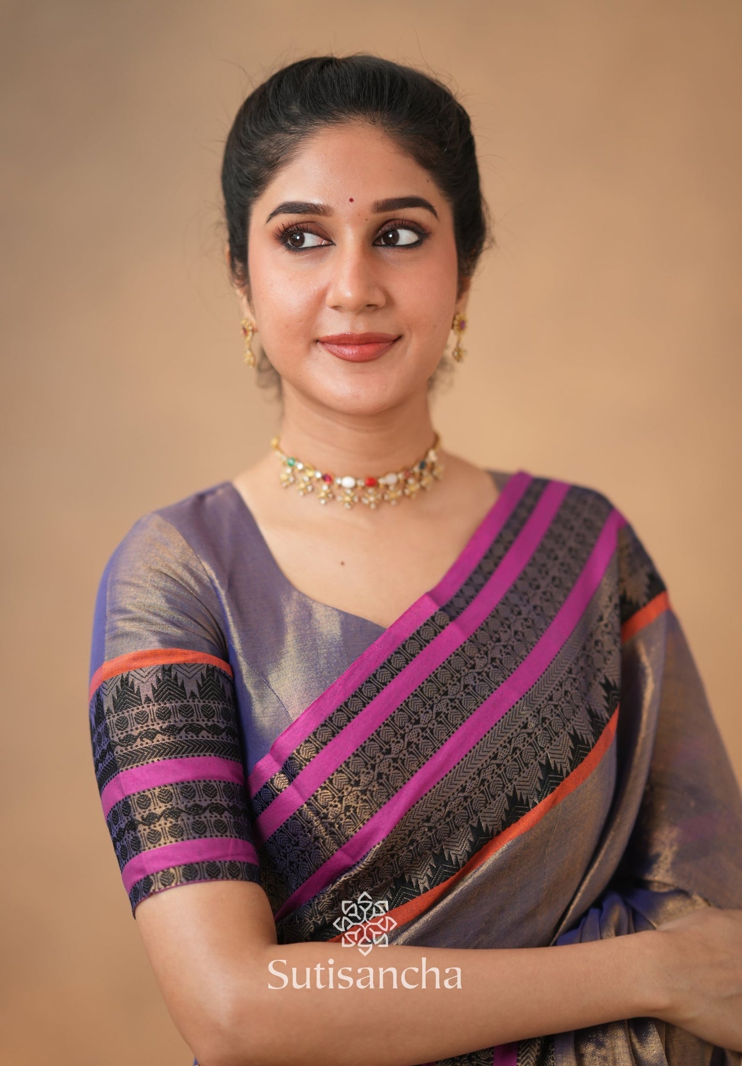 Dhiyona SS South Charm Tissue Cotton Saree with Traditional Border