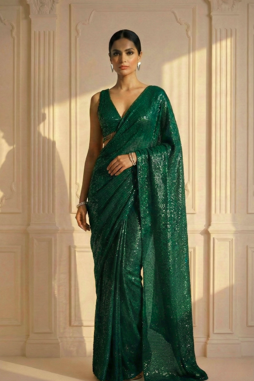 Dhiyona ST Emerald Green Knitted Sequin Saree with Blouse Fabric