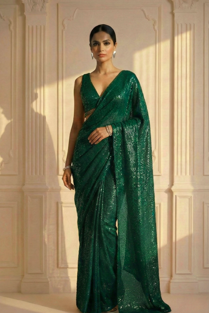 Dhiyona ST Emerald Green Knitted Sequin Saree with Blouse Fabric