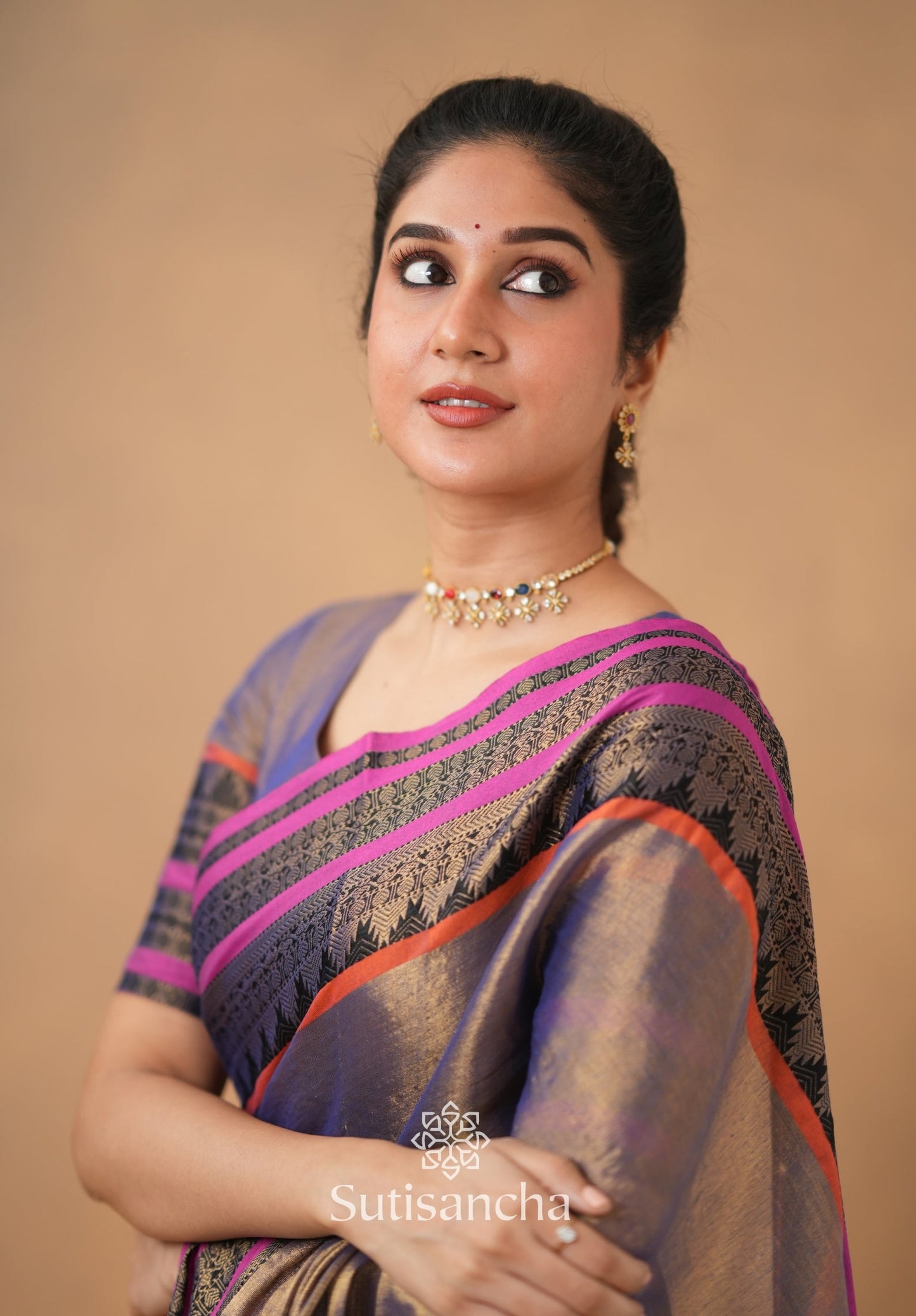 Dhiyona SS South Charm Tissue Cotton Saree with Traditional Border