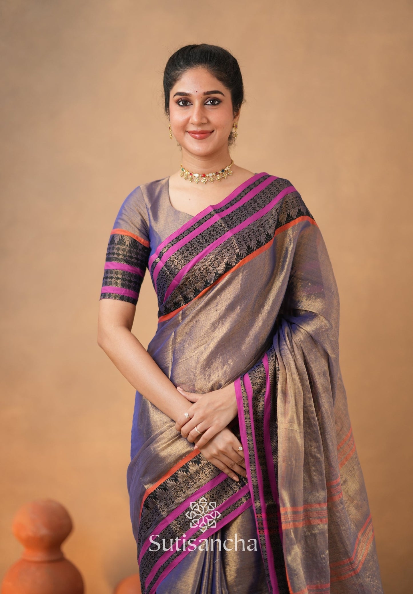 Dhiyona SS South Charm Tissue Cotton Saree with Traditional Border