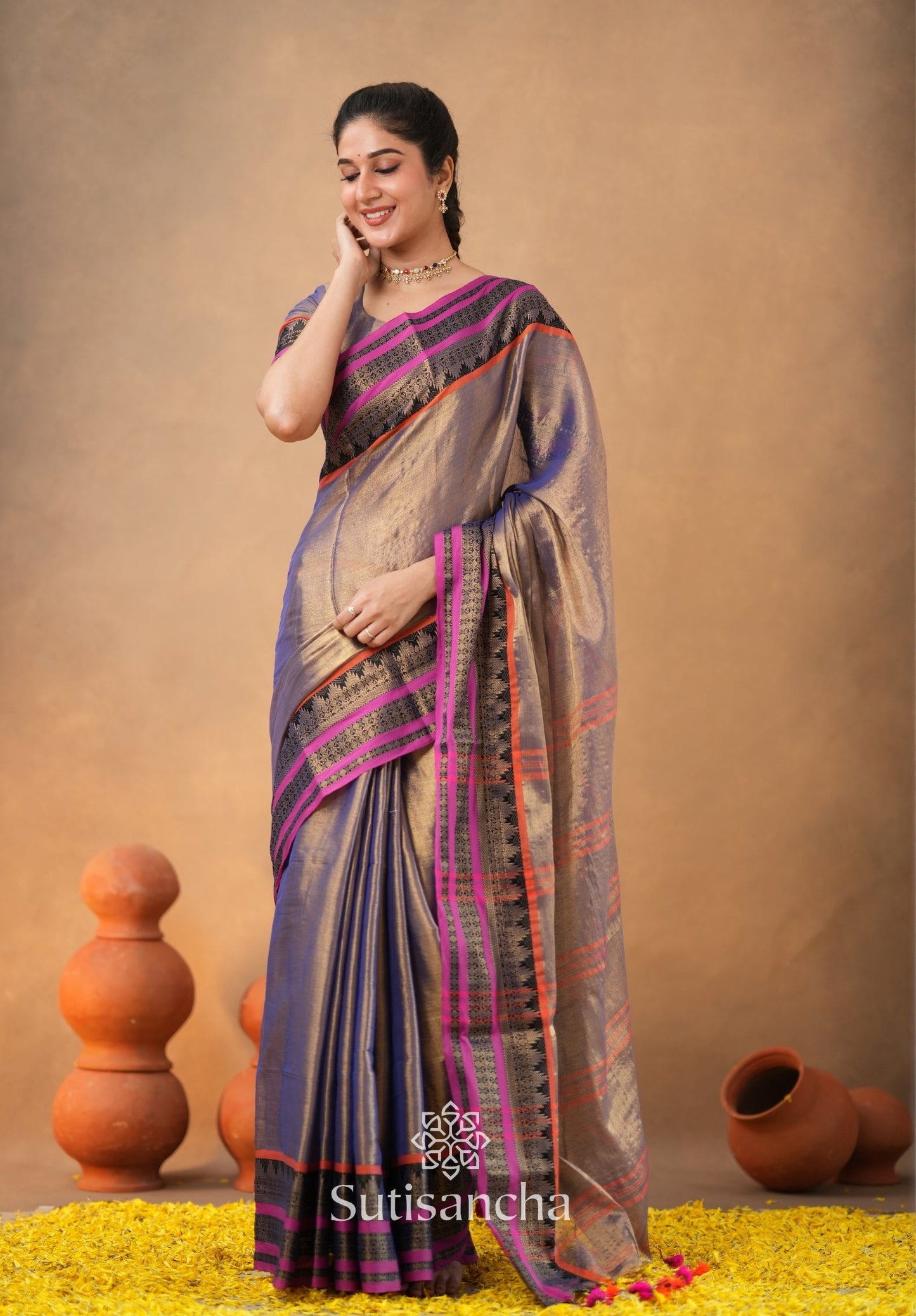 Dhiyona SS South Charm Tissue Cotton Saree with Traditional Border