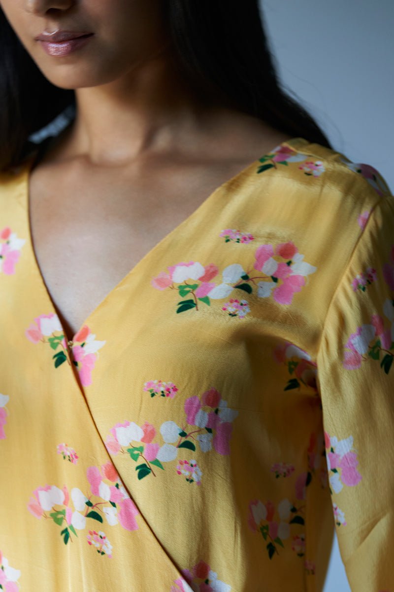 Women's Yellow Crepe Silk Printed Co-ord Set With Detailing Lace Work on Bottom Seam Line