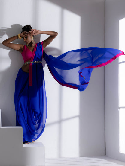 Dhiyona ST Megawatt Blue Georgette Saree with Pink Posh Fabric Border & Blouse Fabric