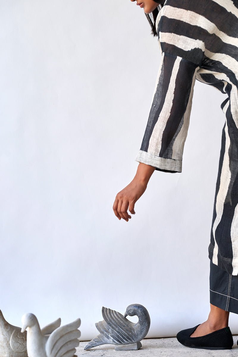 Women's Black and Tofu Stripe Linen Co-ord Set