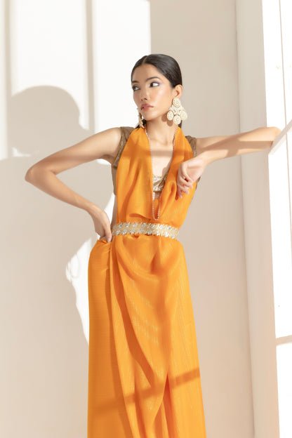 Dhiyona ST Tahiti yellow Gold texture Chiffon Saree with Beaded lace and Self Blouse Fabric