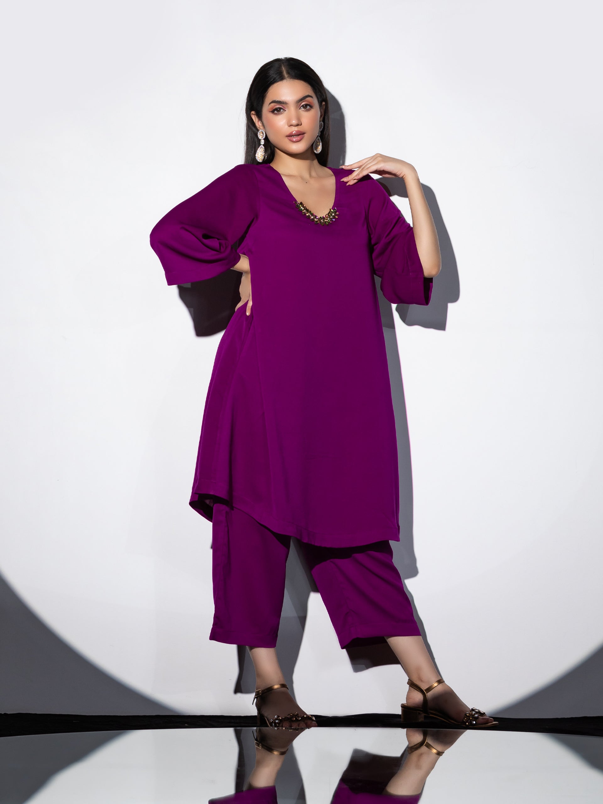 Dhiyona ST Women's Rule Breaker Korean Fabric Kurta Set with Glass Beads and Pants 2 Piece Set | Straight Fit, Round Neck, 3/4 Sleeves, Pants, Festive Wear, (Korean Fabric)