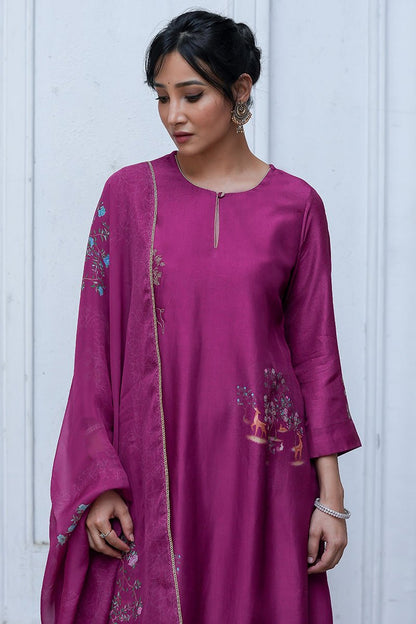 Women's Wine Raw Silk Salwar Suit With Organza Dupatta