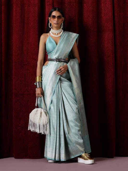 Dhiyona ST Banarasi Soul Mate Blue Pure Silk Jaal Jacquard Saree with Blouse Fabric