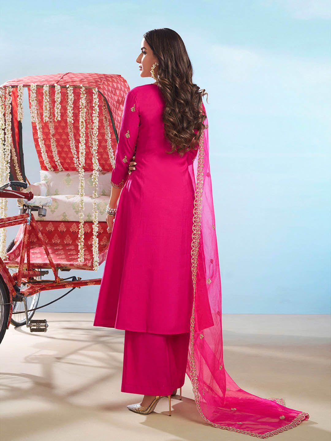 Dhiyona IN Floral Embroidered Round Neck Sequinned Anarkali Kurta With Palazzos & Dupatta