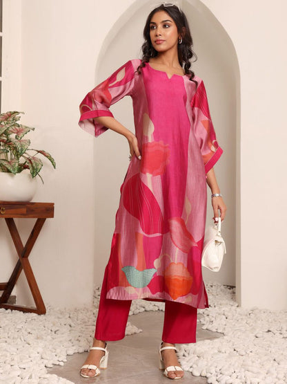 Fuchsia Abstract Printed Notch Neck Chanderi Silk Straight Kurta With Trousers