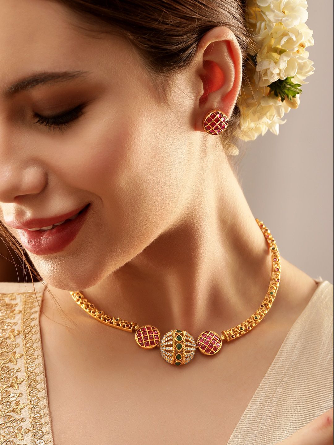 Dhiyona RJ Women's 24K Gold Plated Ruby & Emerald CZ Studded Handcrafted Traditional Jewellery Set