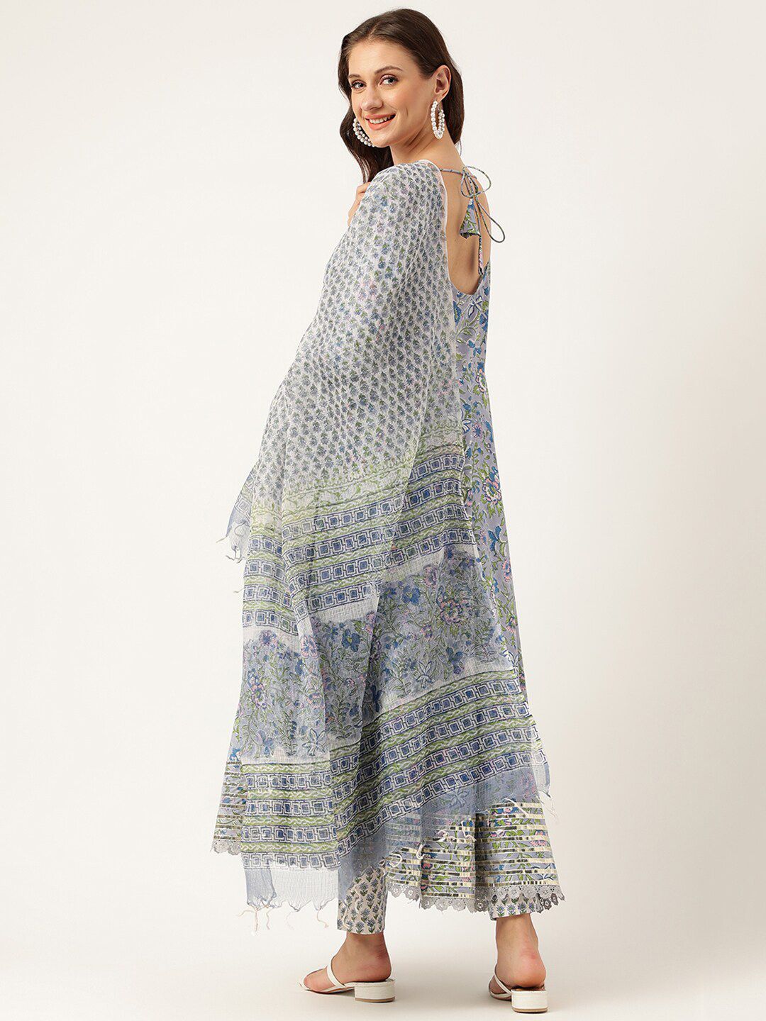 Dhiyona KL Floral Printed Pure Cotton Anarkali Kurta & Trousers With Dupatta