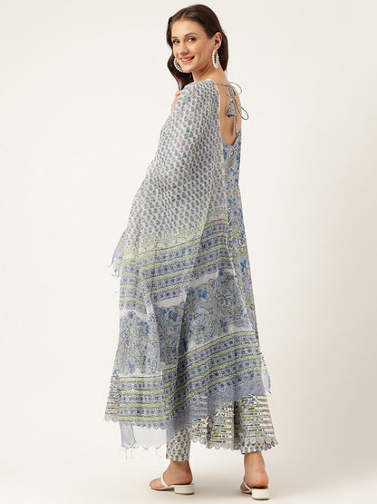 Dhiyona KL Floral Printed Pure Cotton Anarkali Kurta & Trousers With Dupatta