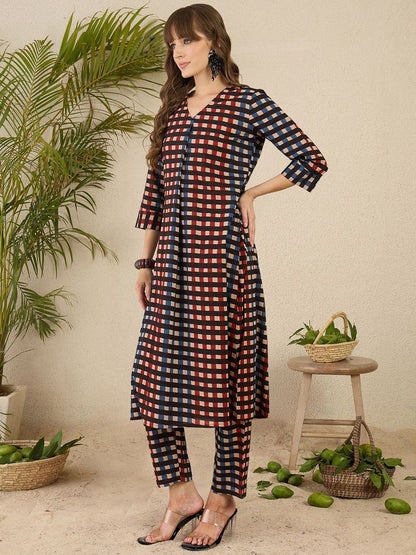 Dhiyona IE Geometric Printed Shirt Collar Pure Cotton Straight Kurta With Trnousers